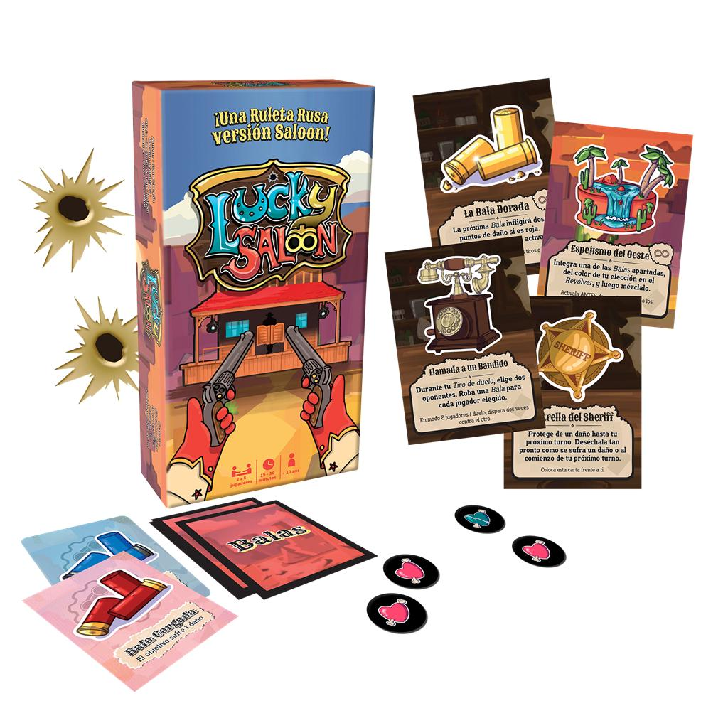 Caja del juego de cartas Lucky Saloon, cartas, fichas y decoraciones de agujeros de bala sobre fondo blanco.