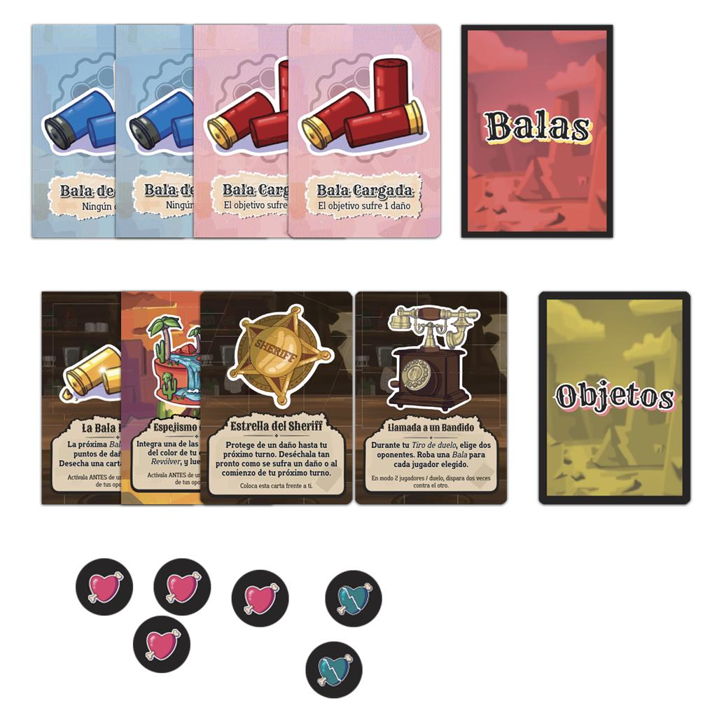 Varias cartas de juego con munición y objetos, junto con fichas redondas con corazones y rayos.