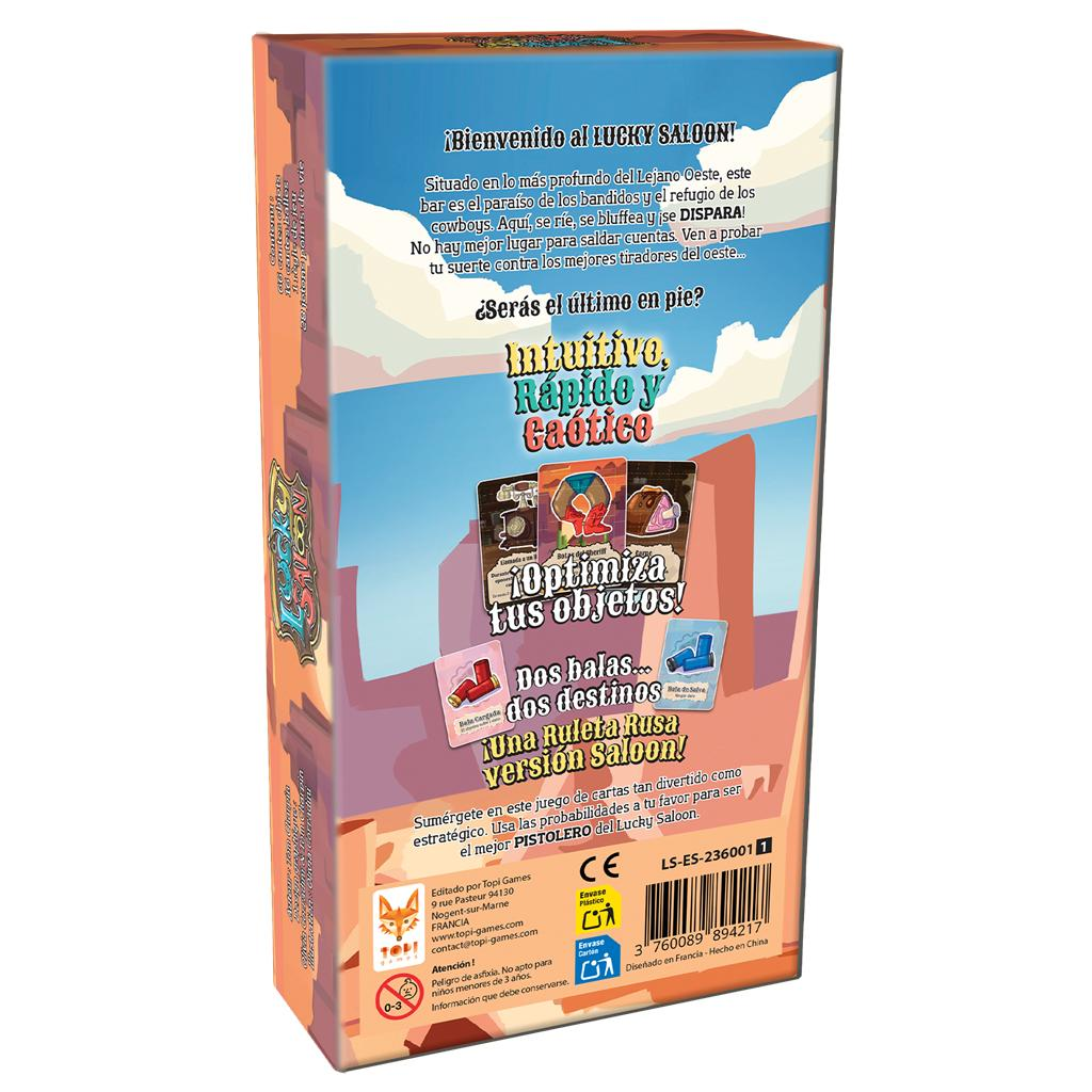 Parte trasera de una caja del juego de mesa Lucky Saloon con texto en español e ilustraciones.