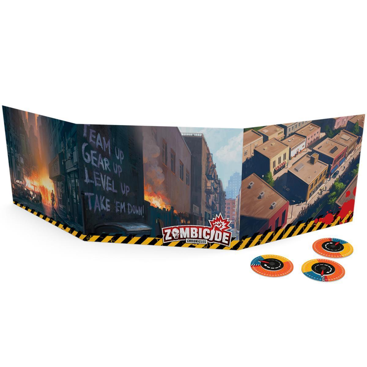 Pantalla de juego Zombicide Chronicles con arte de ciudad postapocalíptica y tres marcadores redondos sobre fondo blanco.