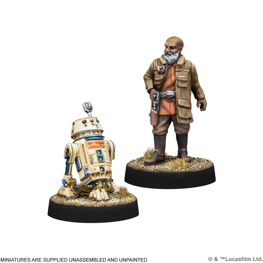 Miniaturas de un hombre barbudo con abrigo y un droide astromecánico en bases redondas.