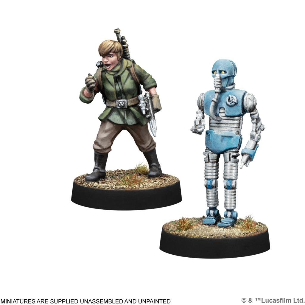 Dos miniaturas pintadas en bases redondas, un humano con ropa verde y un droide azul y plateado.