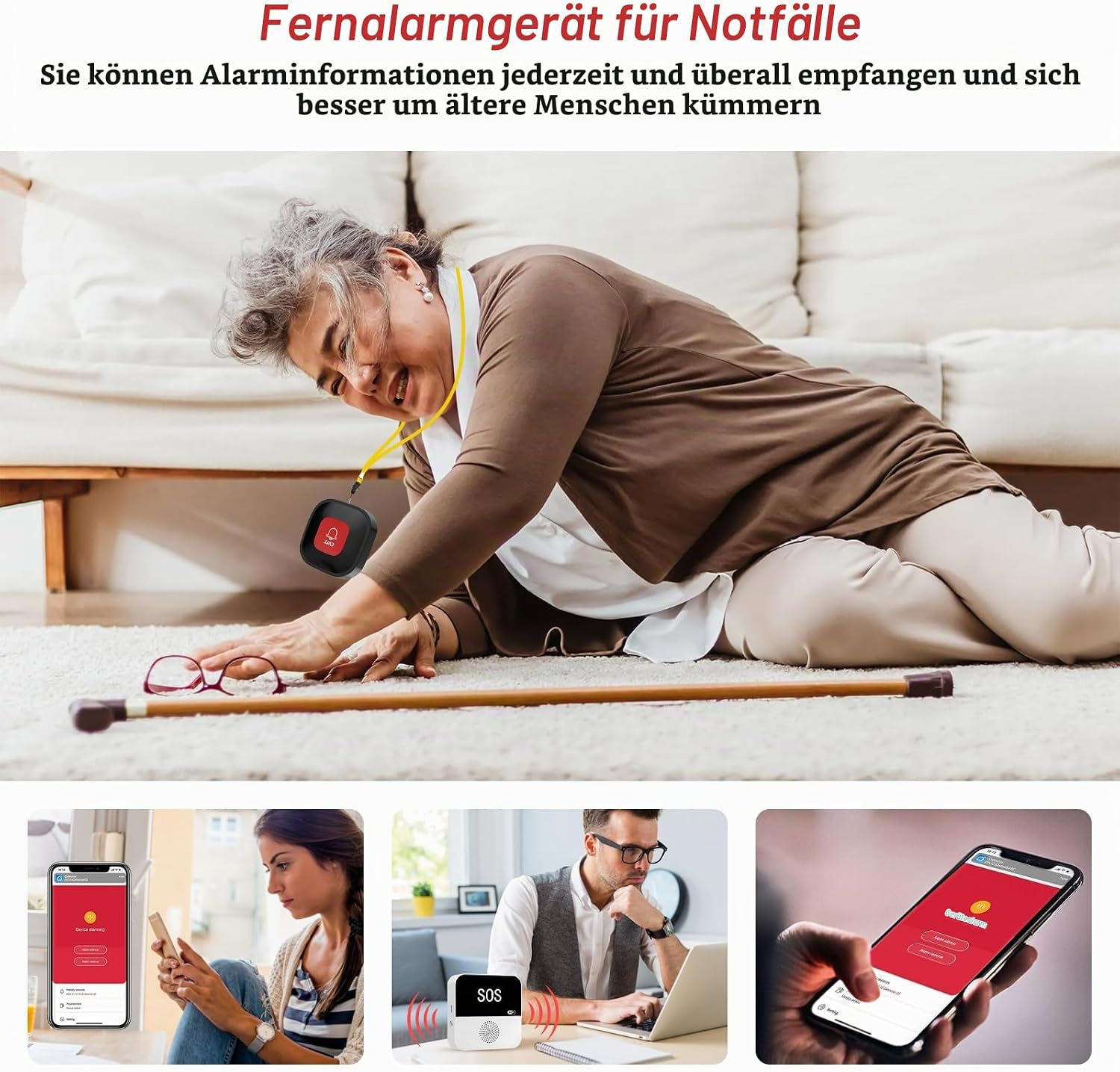 Ältere Frau liegt auf dem Teppich nach Sturz, trägt Notrufknopf und hat ein Smartphone mit App im Einsatz.