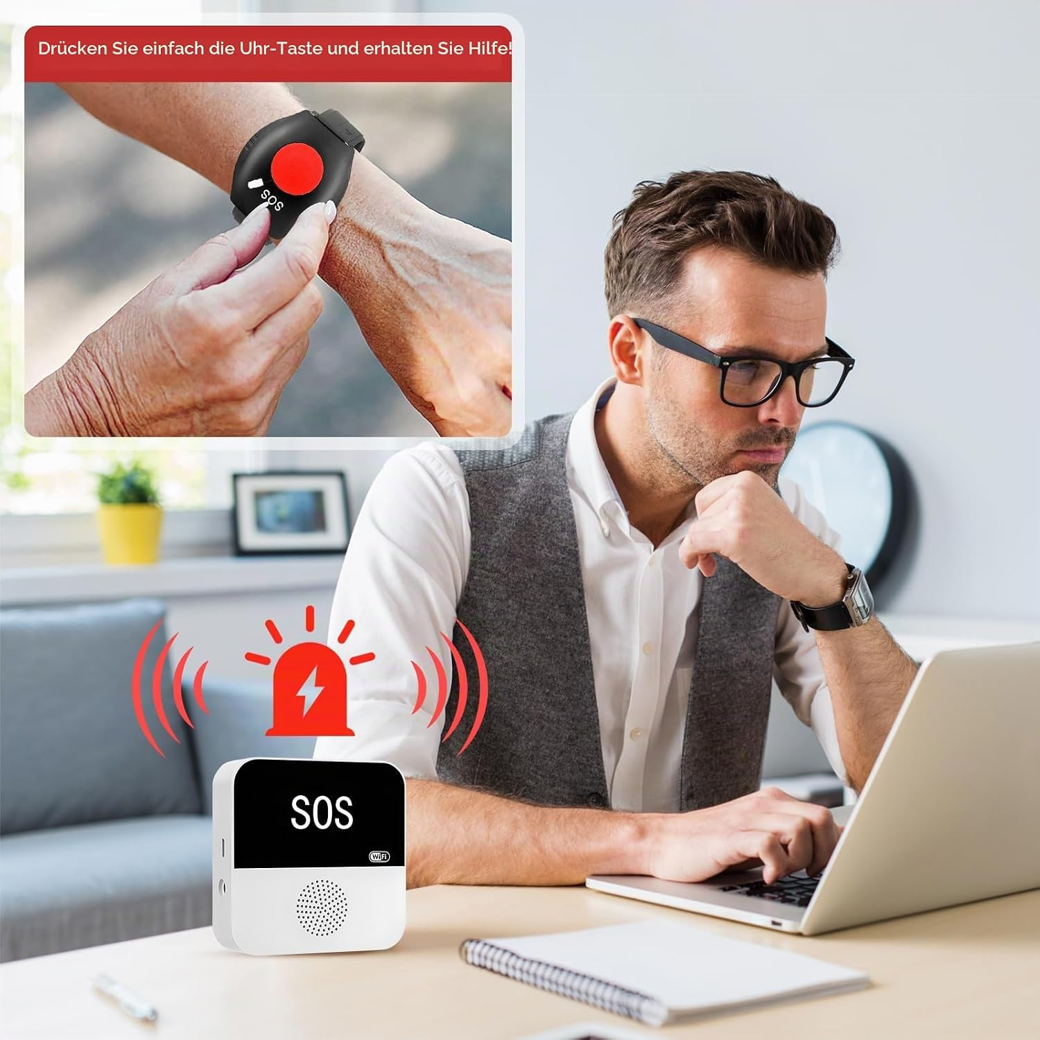 Ein Mann nutzt einen Laptop und einen SOS-Notrufempfänger mit eingeblendetem Notruf-Armband.