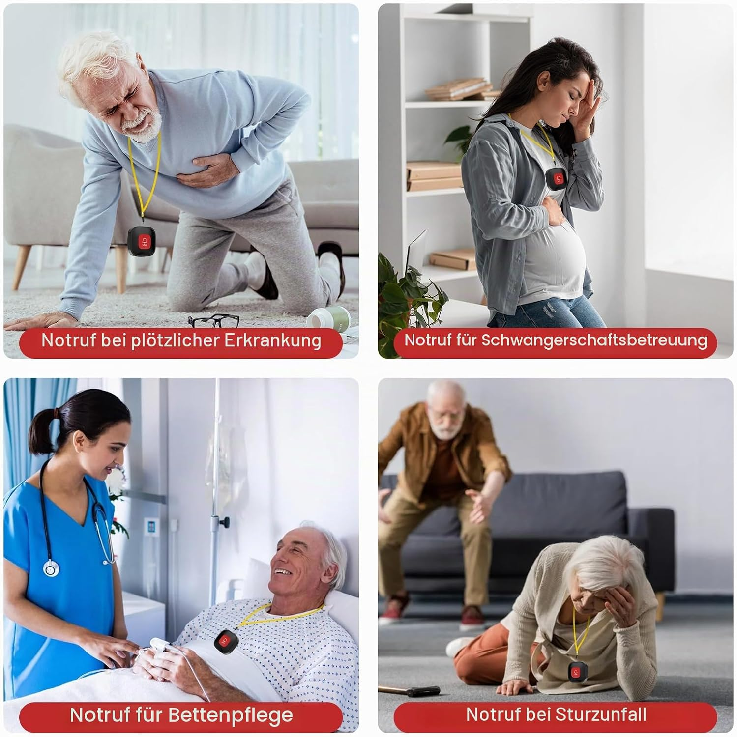 Vier Bilder zeigen Personen mit Notrufknöpfen bei medizinischen Notfällen, Schwangerschaft, Pflege und Stürzen.