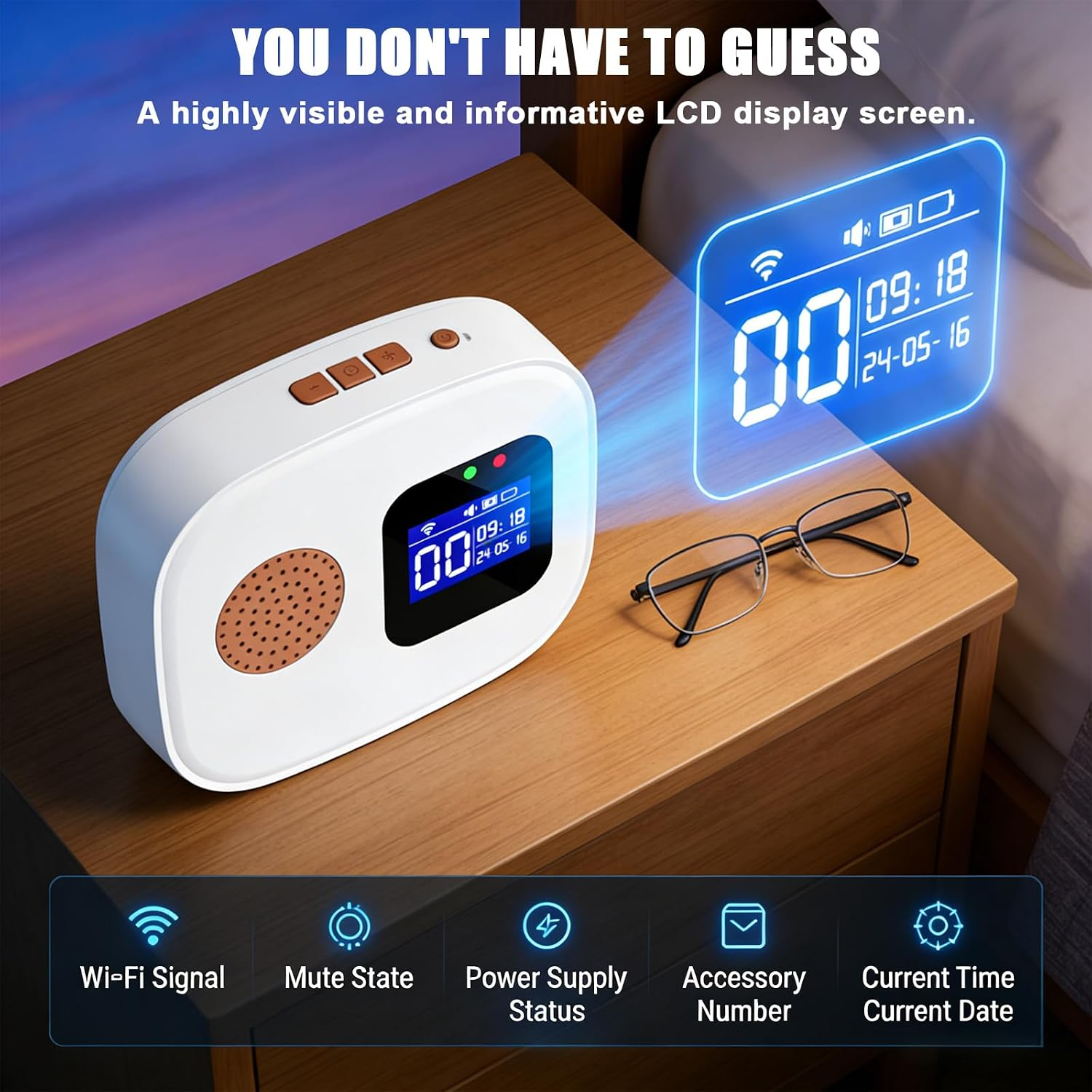 Eine weiße Digitaluhr mit LCD-Bildschirm projiziert Zeit an eine Wand neben einer Brille.