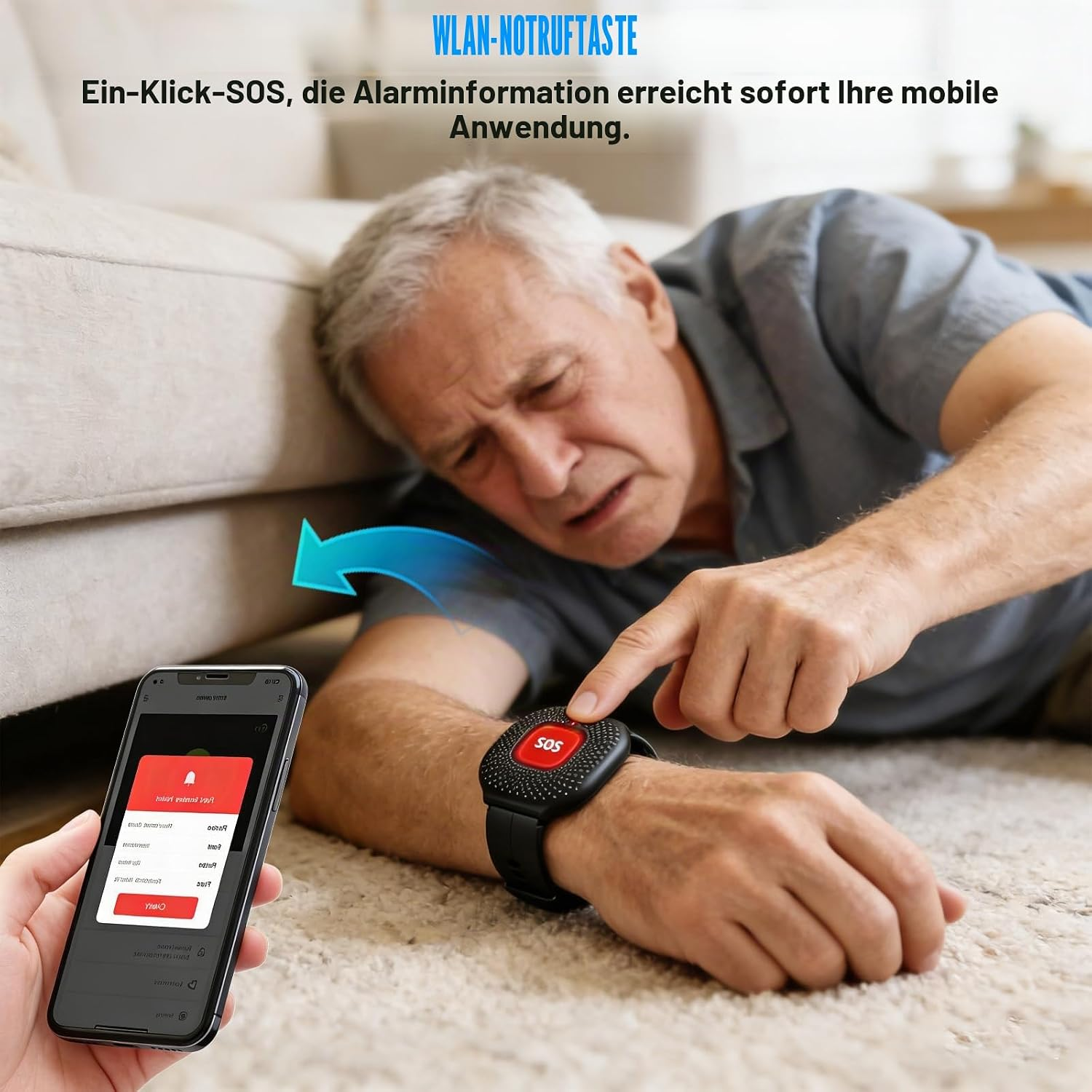 Älterer Mann liegt auf dem Boden und drückt den SOS-Knopf seiner Smartwatch, während ein Smartphone einen Alarm anzeigt.