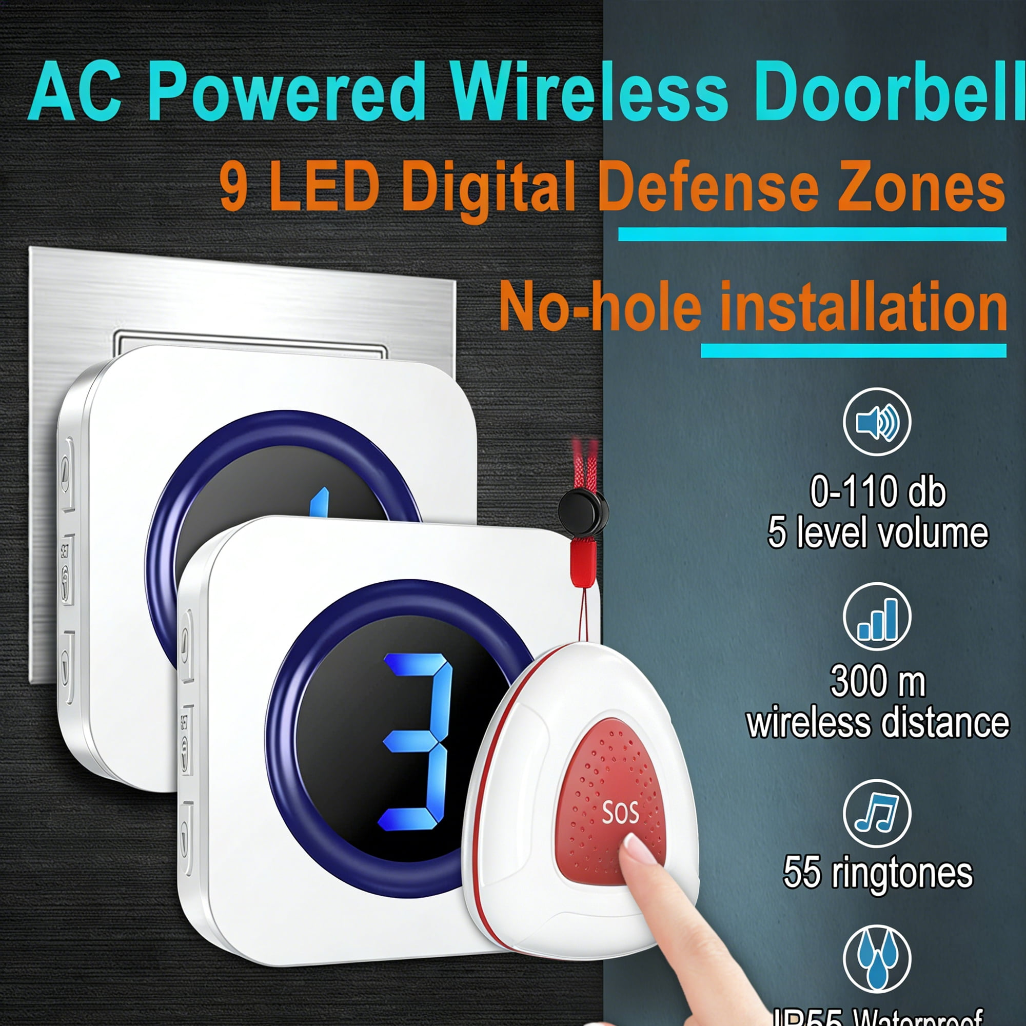 AC-betriebene kabellose Türklingel mit 9 LED-Zonen, 5 Lautstärken und SOS-Knopf.