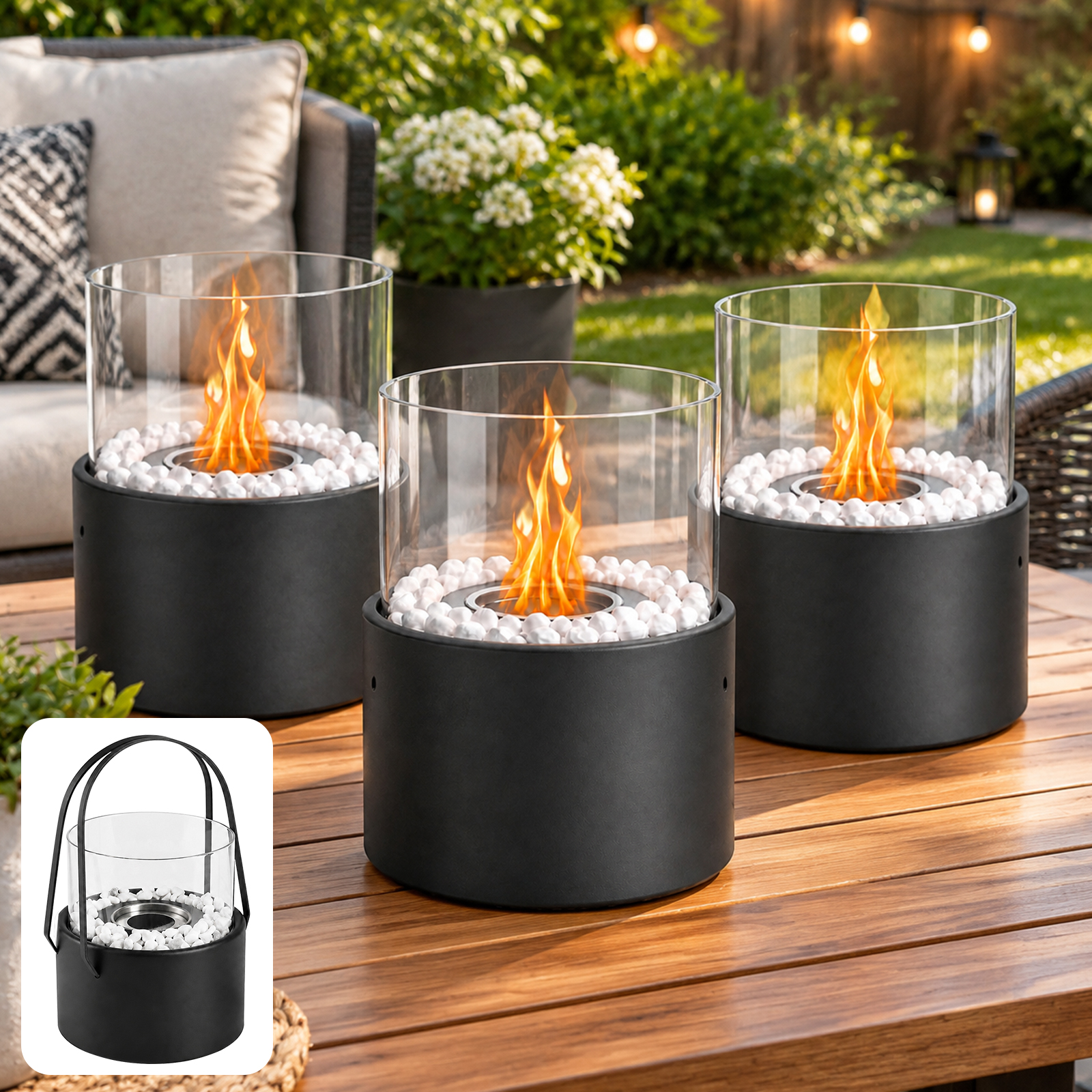 Drei schwarze Tischkamine mit Glaszylindern und weißen Steinen brennen auf einem Holz-Gartentisch.