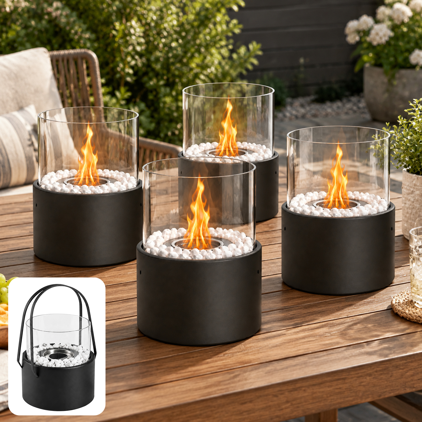 Vier schwarze Tischfeuerschalen mit Glaszylindern und weißen Steinen brennen auf einem Gartentisch.