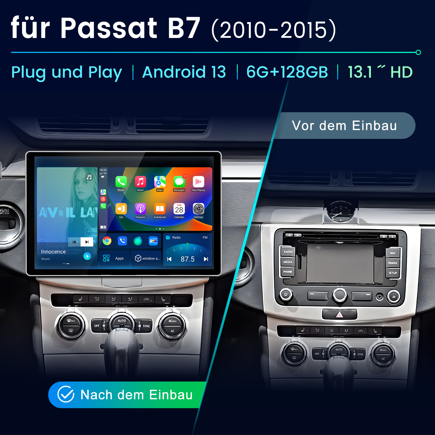 Vergleich der Passat B7 Mittelkonsole vor und nach dem Einbau eines großen Android-Infotainment-Touchscreens.