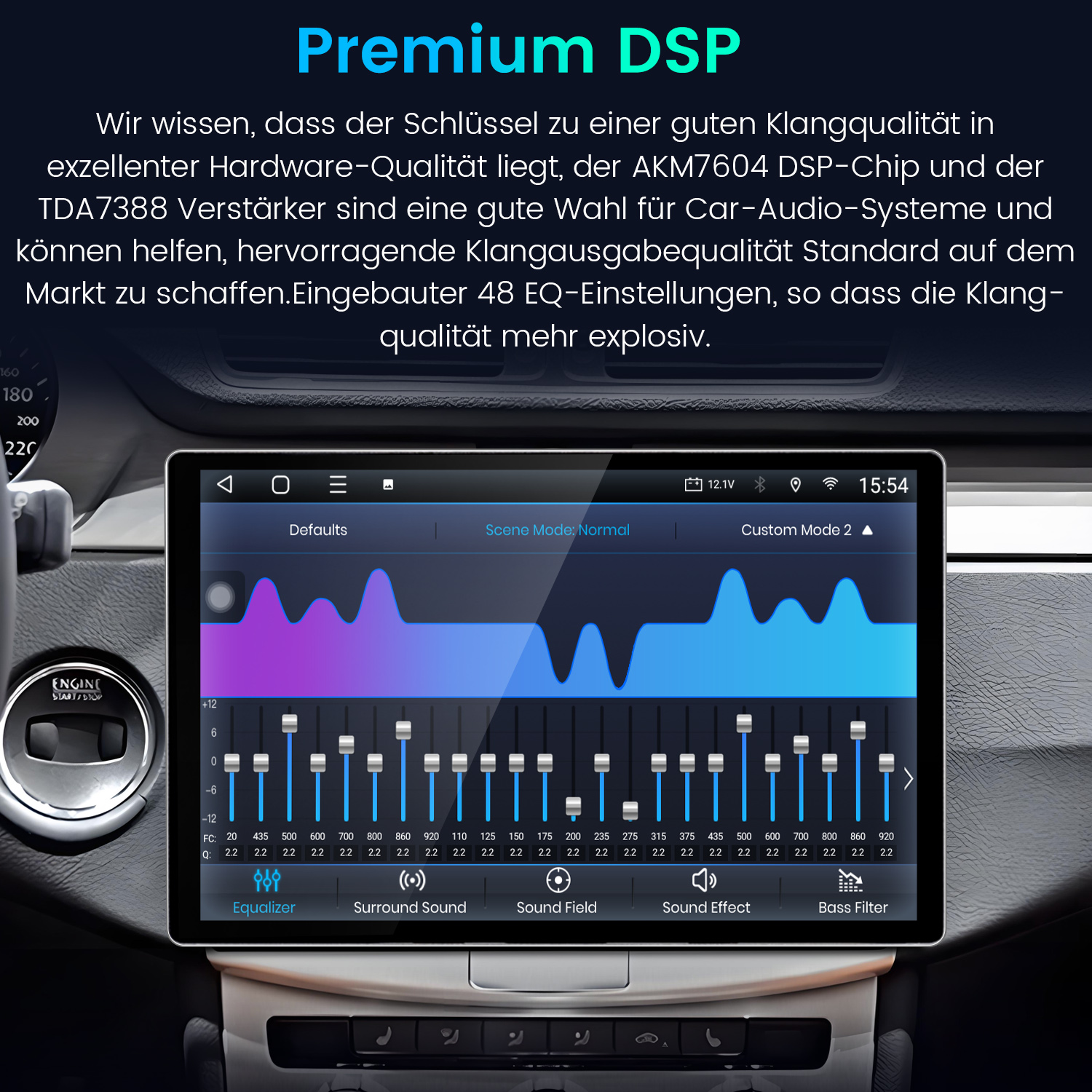 Ein Auto-Armaturenbrett mit einem digitalen Touchscreen, das einen blauen Equalizer mit mehreren Reglern anzeigt.