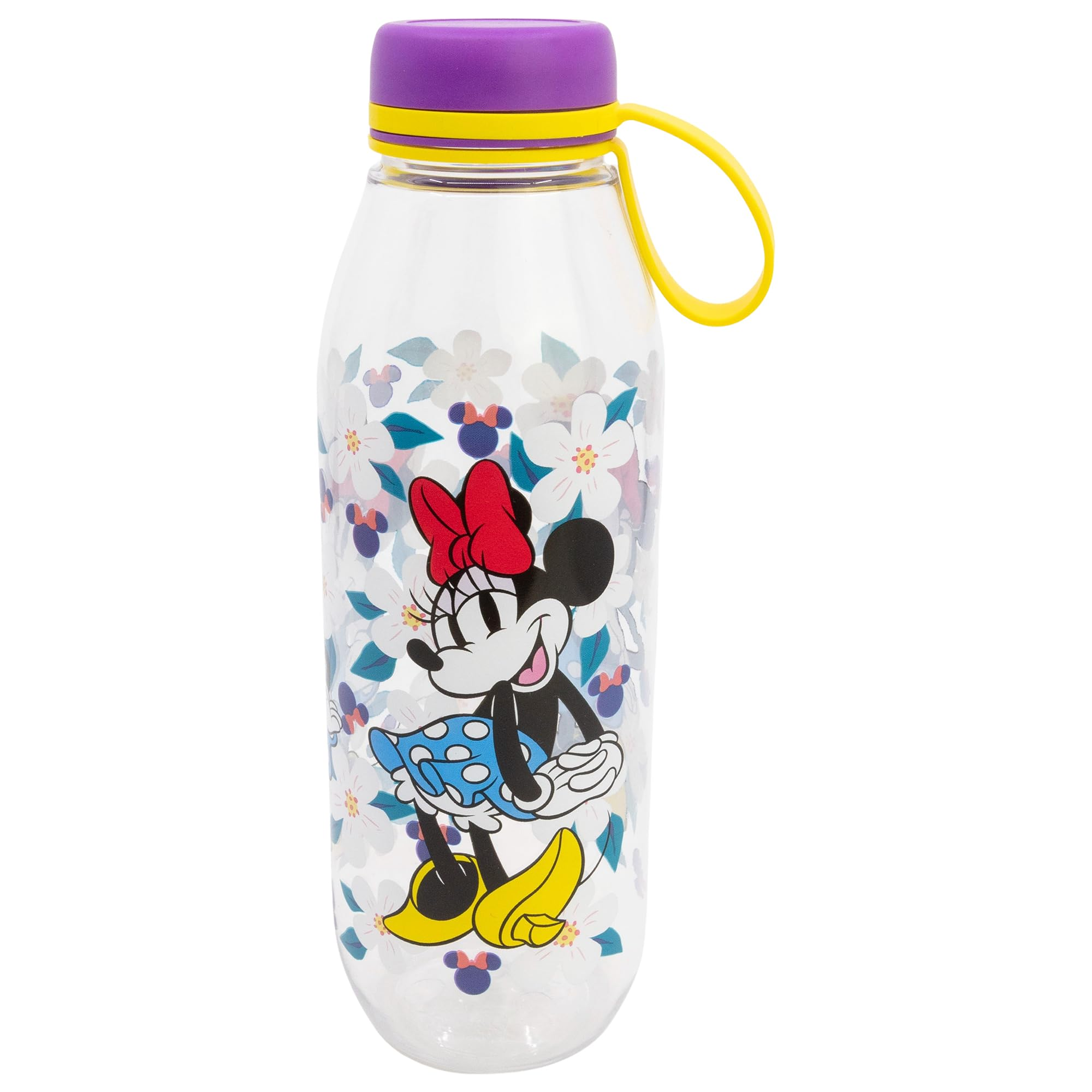 Transparente Trinkflasche mit Minnie Maus, Blumenmuster, lila Deckel und gelbem Tragegriff auf weißem Hintergrund.