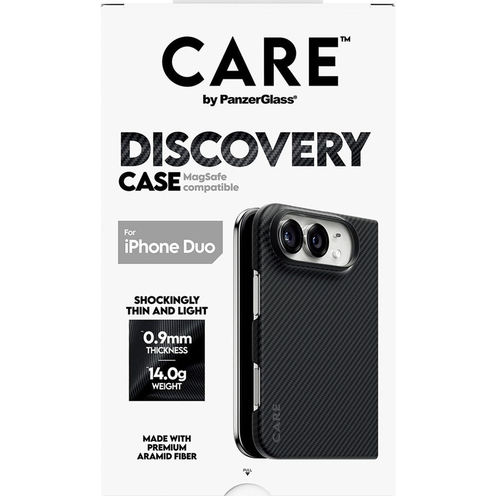 Care Discovery Case aramid fiber iPhone kılıfı ambalajı, ürün detayları ve kılıf görseliyle.