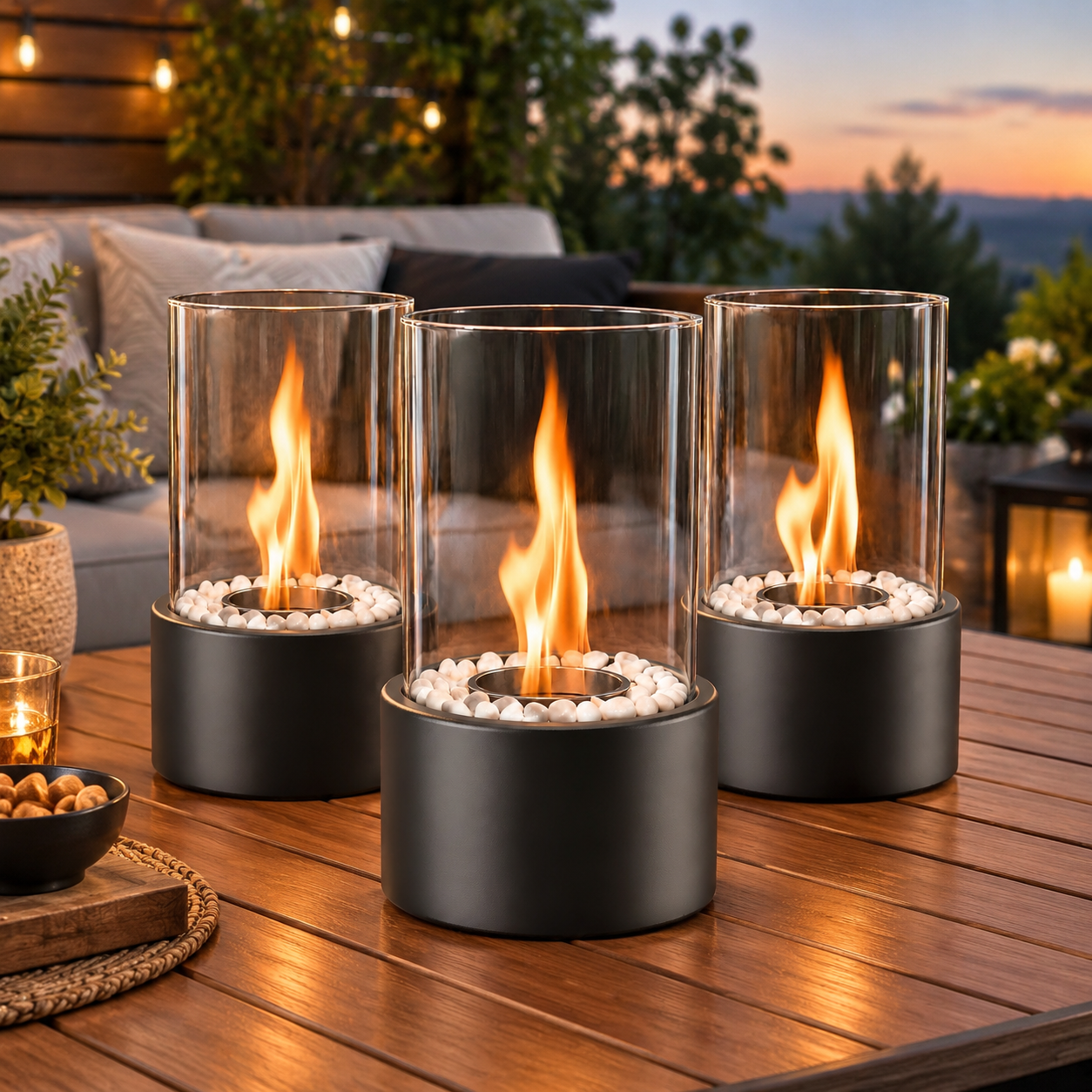 Drei moderne Tischkamine mit Glaszylindern und Flammen stehen auf einem Holztisch bei Dämmerung.
