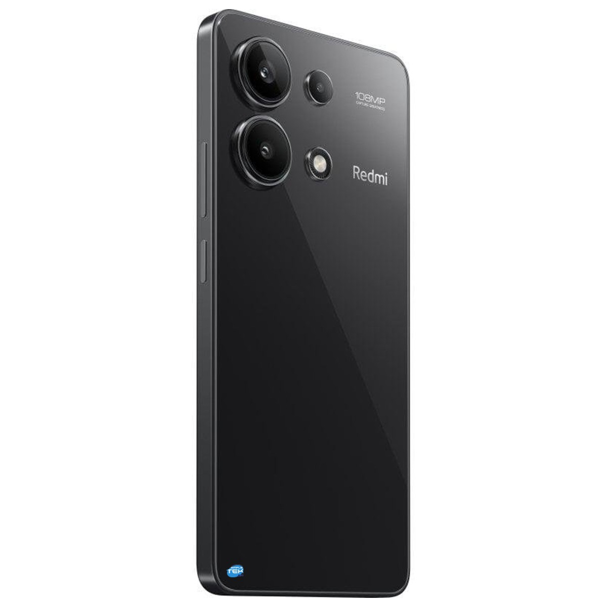 Retro di uno smartphone Redmi nero con due grandi anelli per fotocamera e il logo Redmi.