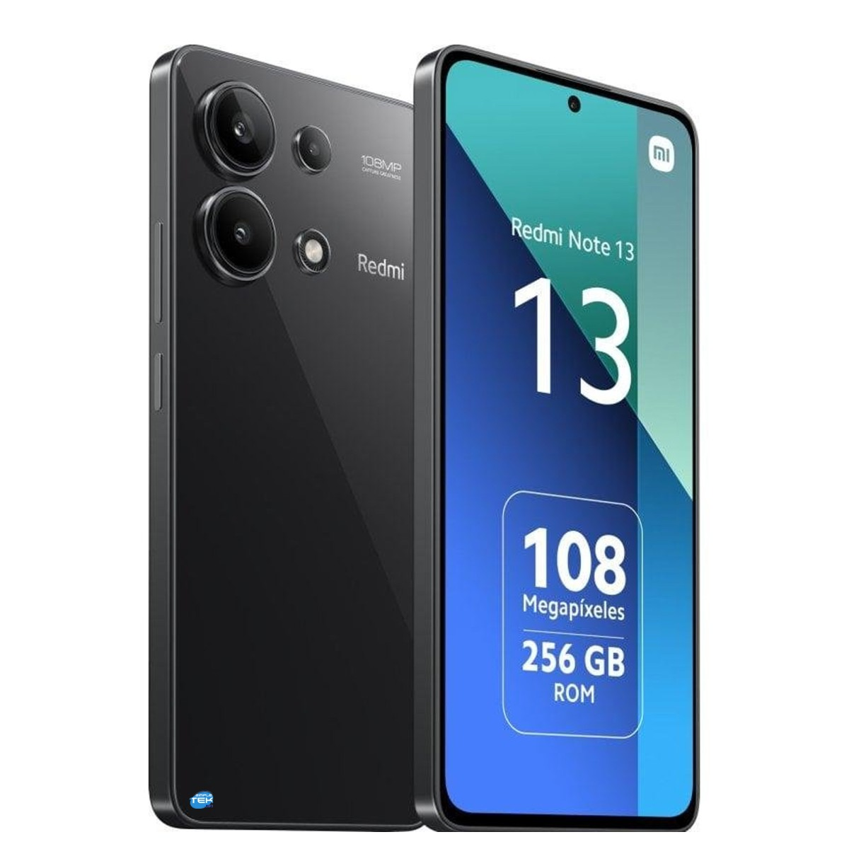 Smartphone Redmi Note 13 nero che mostra schermo e fotocamera su sfondo grigio.