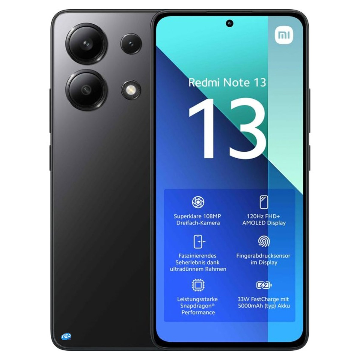 Smartphone Redmi Note 13 nero visto da davanti e dietro, con fotocamera da 108MP.