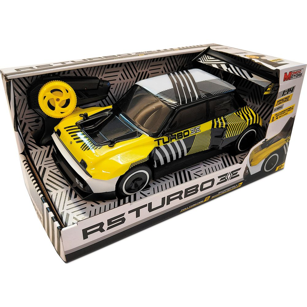 Voiture radiocommandée R5 Turbo jaune et noire dans sa boîte avec télécommande.
