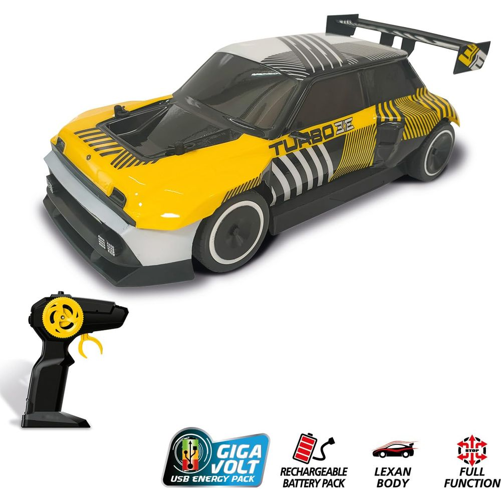 Une voiture de rallye RC jaune et noire avec télécommande et icônes de fonctions sur fond blanc.