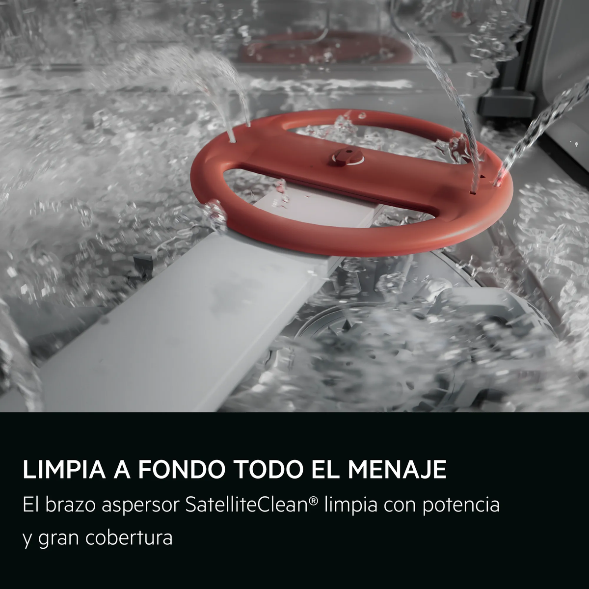 Un brazo aspersor rojo SatelliteClean dentro de un lavavajillas rociando agua.