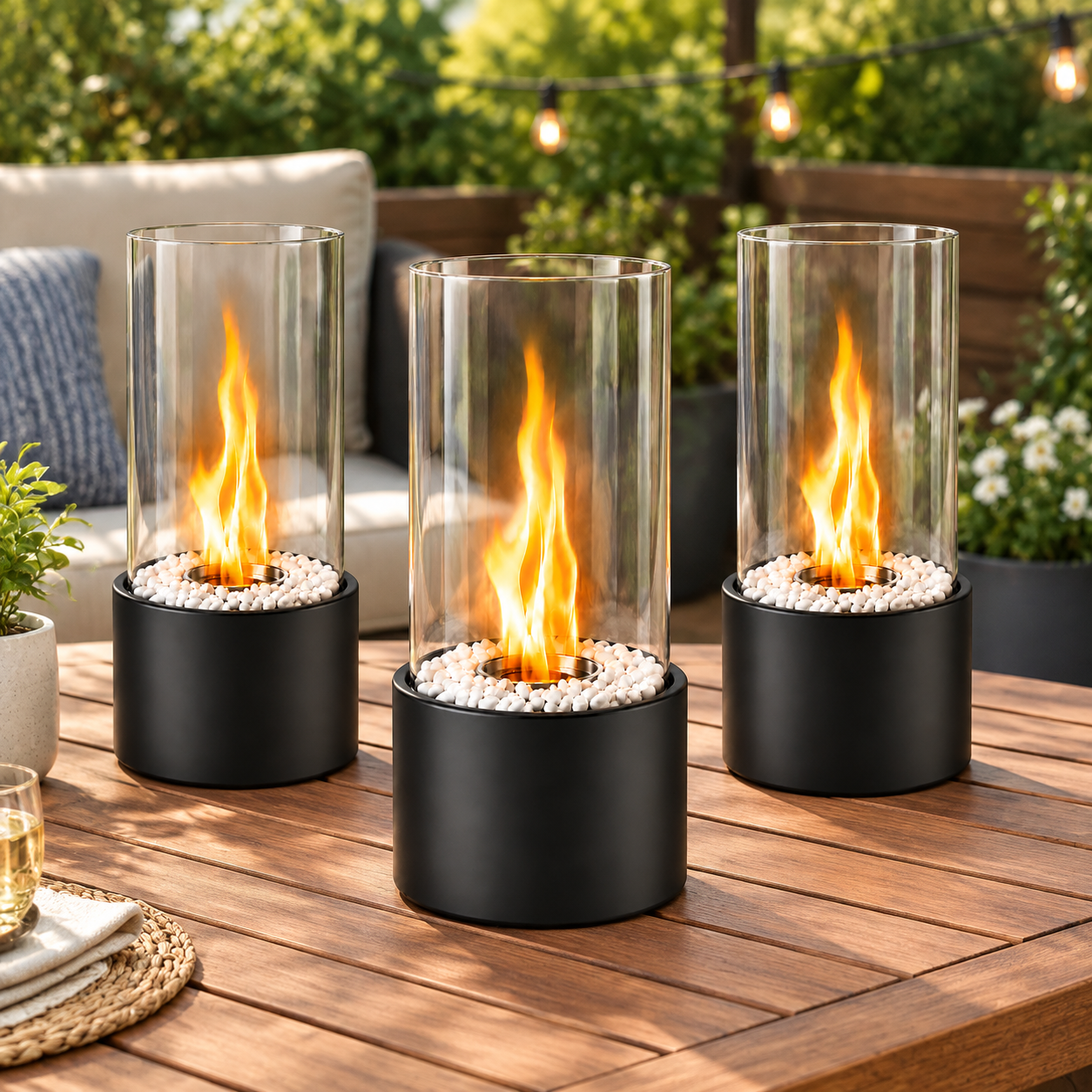 Drei moderne Tischkamine mit zylindrischen Glasbehältern und weißen Kieselsteinen brennen auf einem Holztisch im Freien.