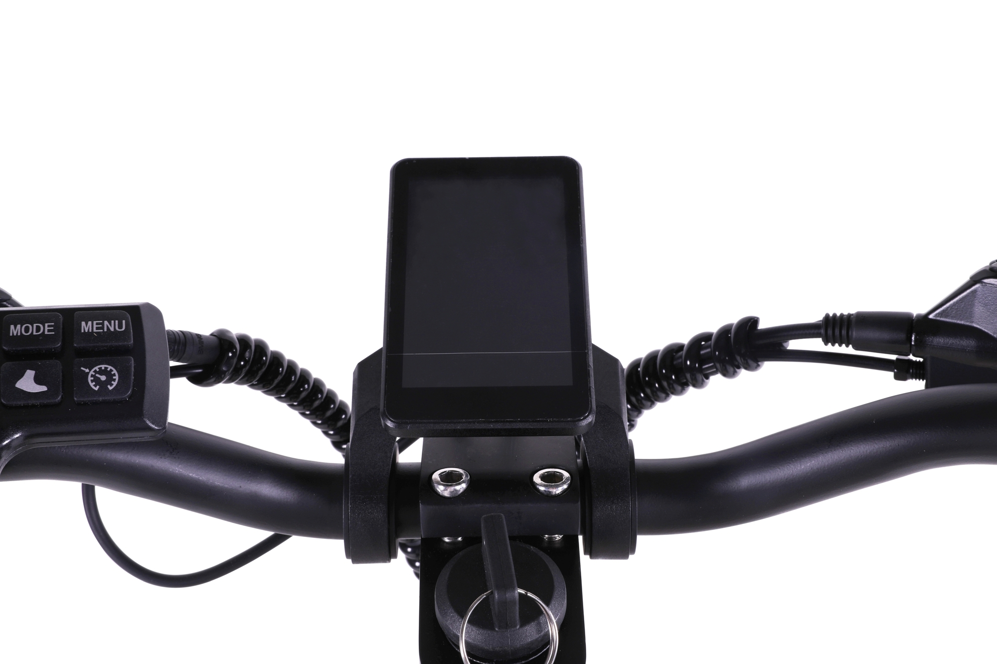 Schwarzer E-Bike-Lenker mit Display, Bedienelementen und Zündschloss vor weißem Hintergrund.