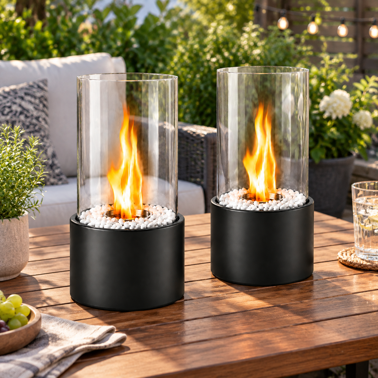 Zwei Tischkamine mit Glaszylinder und weißen Steinen brennen auf einem Holz-Gartentisch.