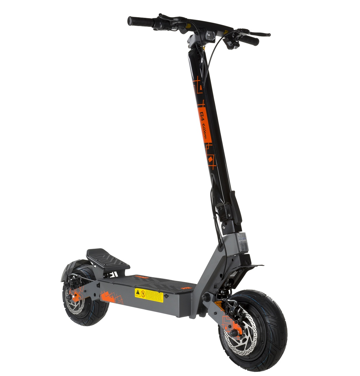 Fekete és szürke elektromos roller narancssárga grafikával, fehér háttérrel.