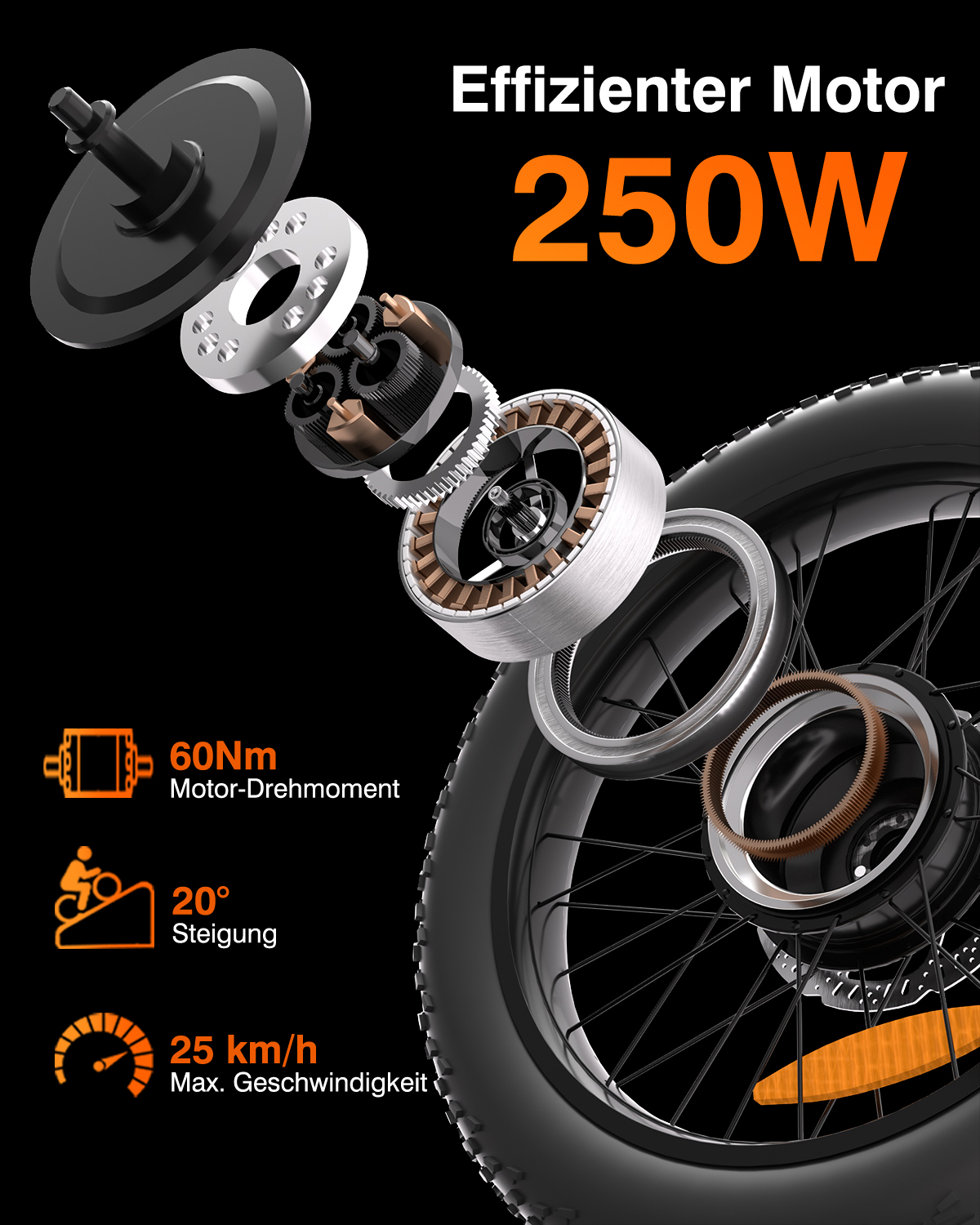 Rzut rozstrzelony silnika rowerowego 250W pokazujący wewnętrzne koła zębate.