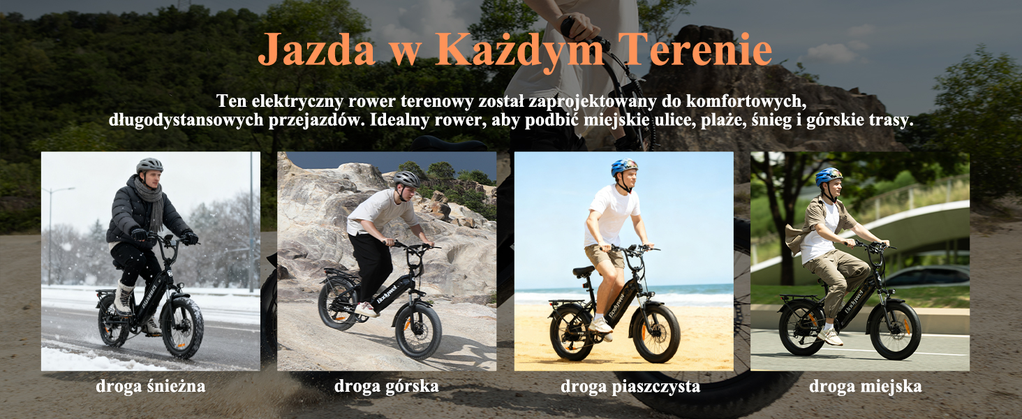 Rower elektryczny jadący po czterech różnych terenach: śnieg, góry, plaża piaskowa oraz ulica miejska.