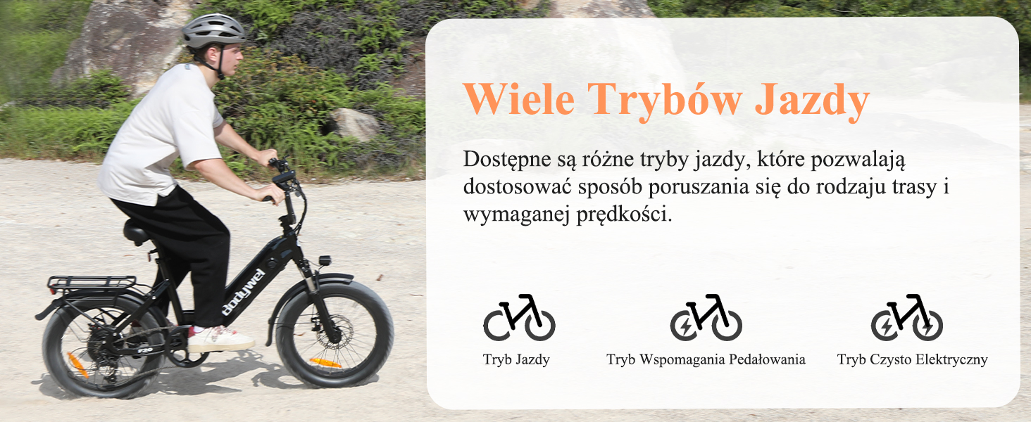Mężczyzna w kasku jedzie na czarnym rowerze elektrycznym przez kamienisty krajobraz.