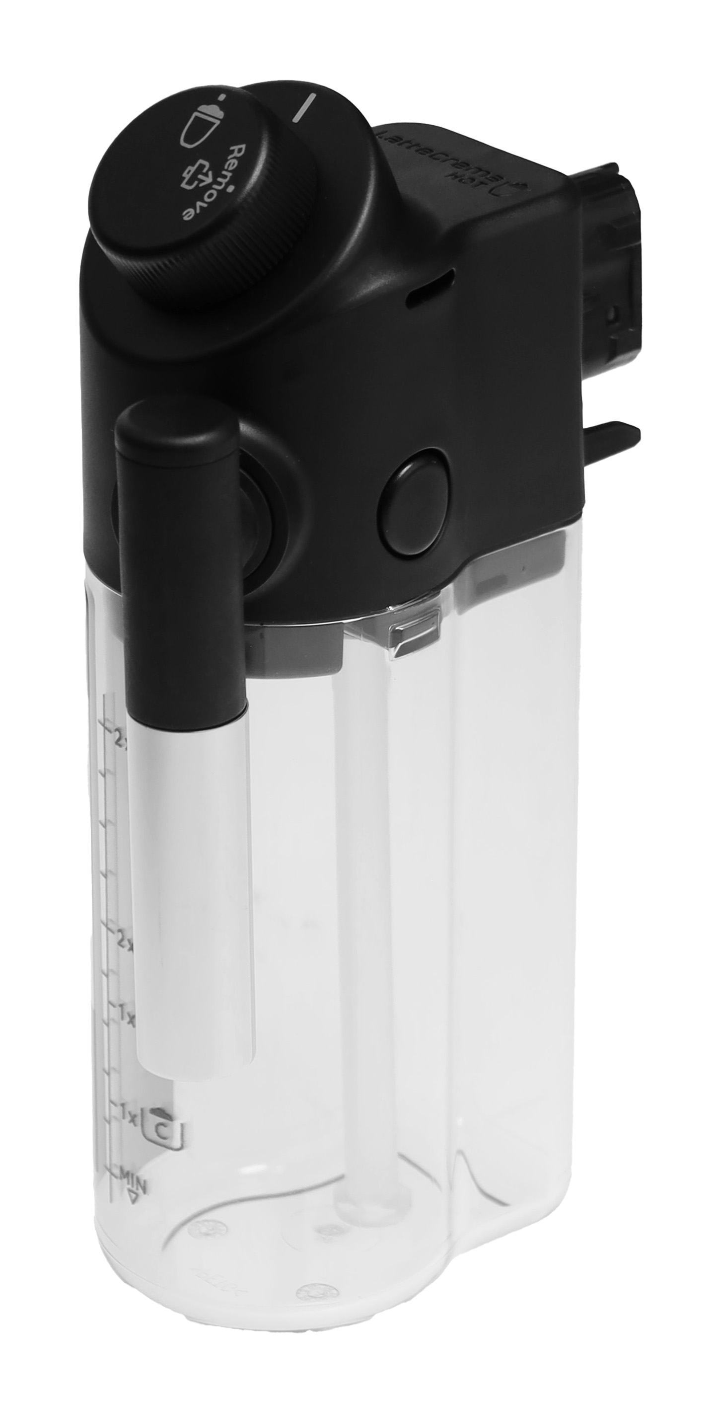 Un récipient à mousse de lait noir pour cafetière avec un réservoir transparent.