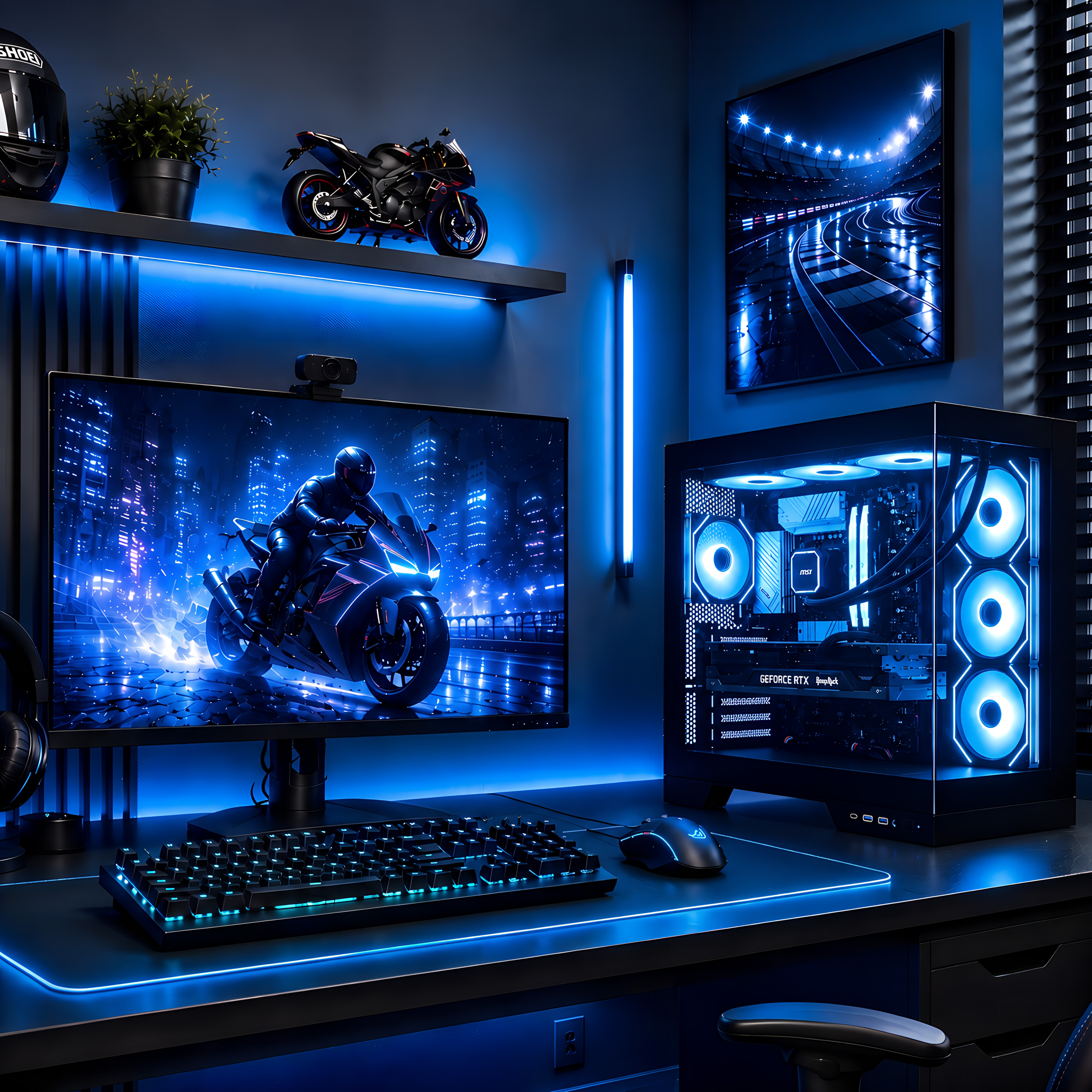 Ein modernes Gaming-Setup mit einem leuchtend blauen PC, Monitor mit Motorrad-Hintergrundbild, Tastatur und Dekoration.