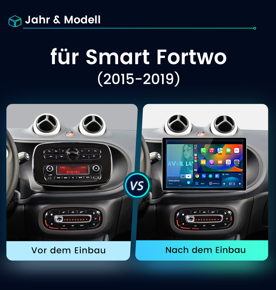 Vergleich eines Smart Fortwo Armaturenbretts vor und nach dem Einbau eines Touchscreen-Radios.