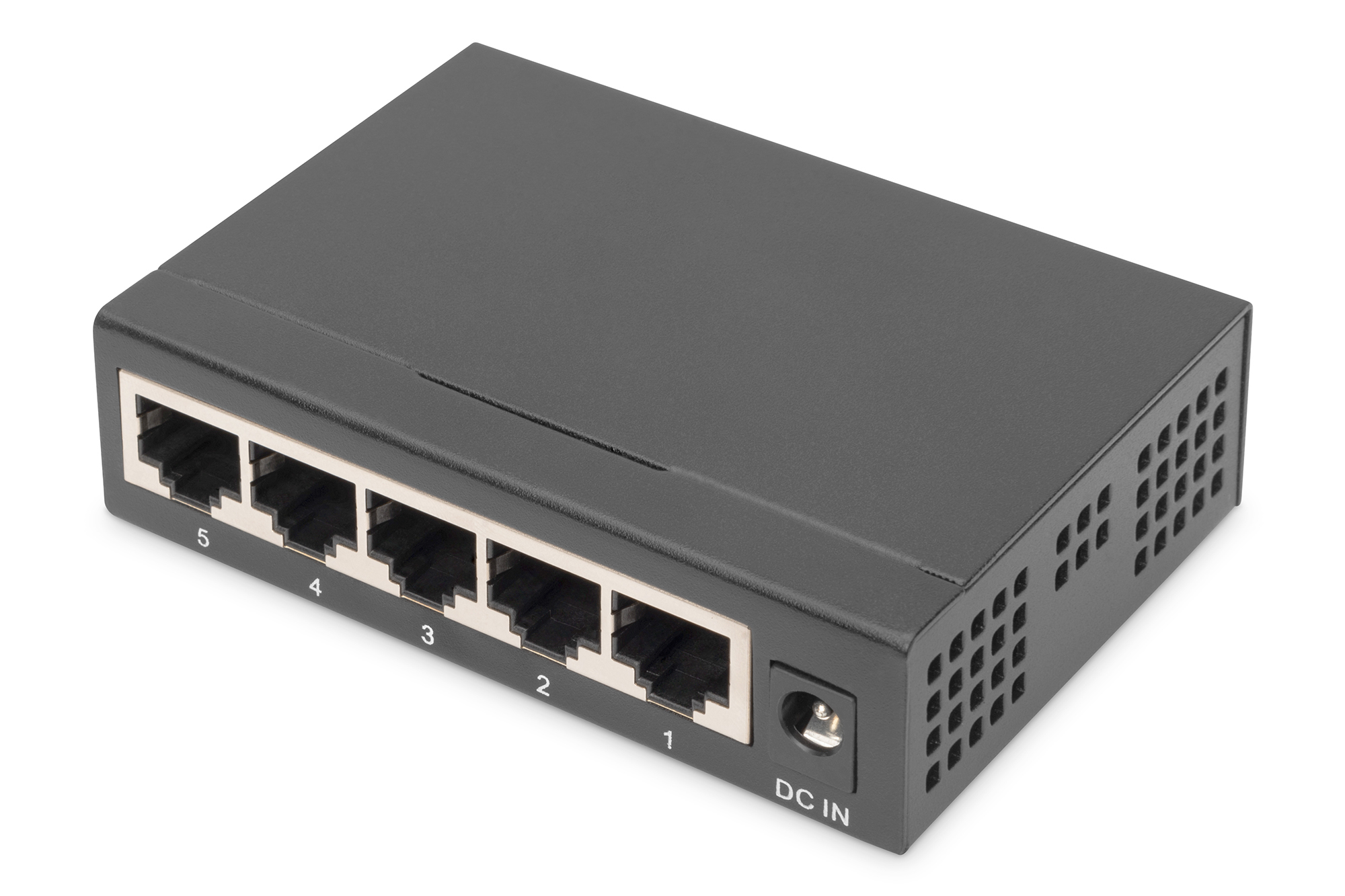 Ein schwarzer Ethernet-Switch mit fünf nummerierten Anschlüssen und einem DC-Eingang auf einer weißen Oberfläche.