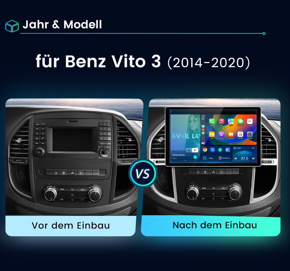 Vorher-Nachher-Vergleich des Armaturenbretts eines Benz Vito 3 mit neuem Mediasystem.