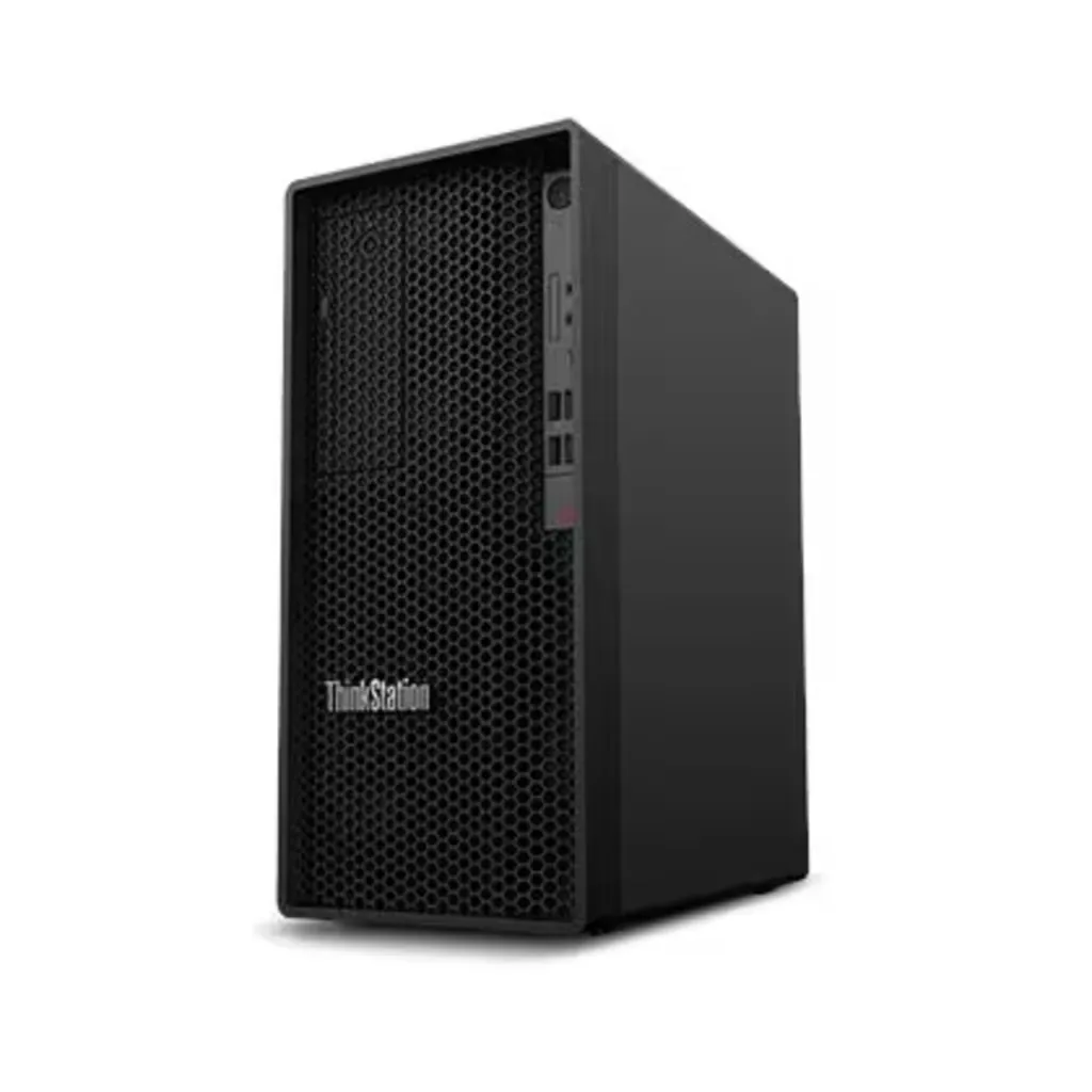 Beyaz arka plan üzerinde örgü ön panelli siyah ThinkStation masaüstü bilgisayar kasası.