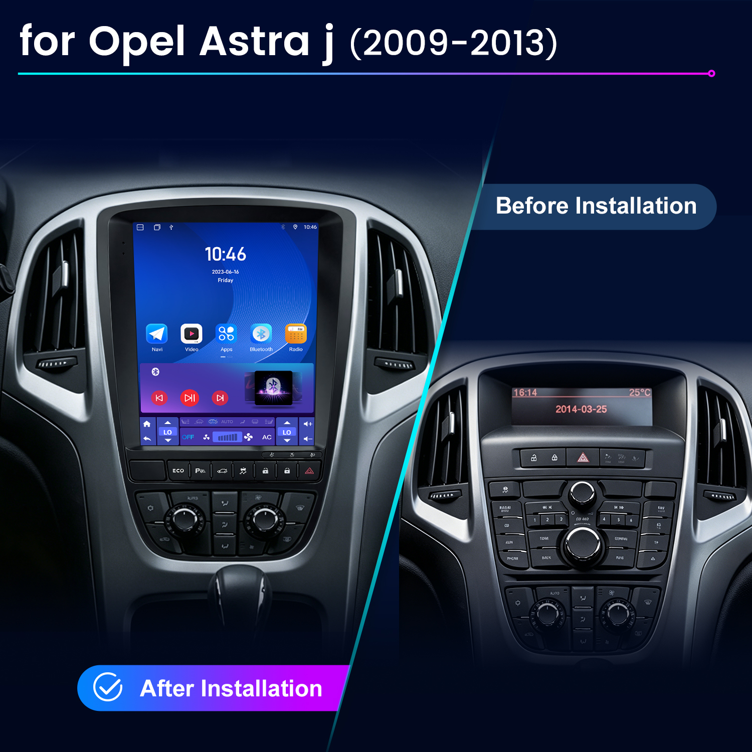 Opel Astra J középkonzol összehasonlítás egy nagy érintőképernyős rádió beszerelése előtt és után.