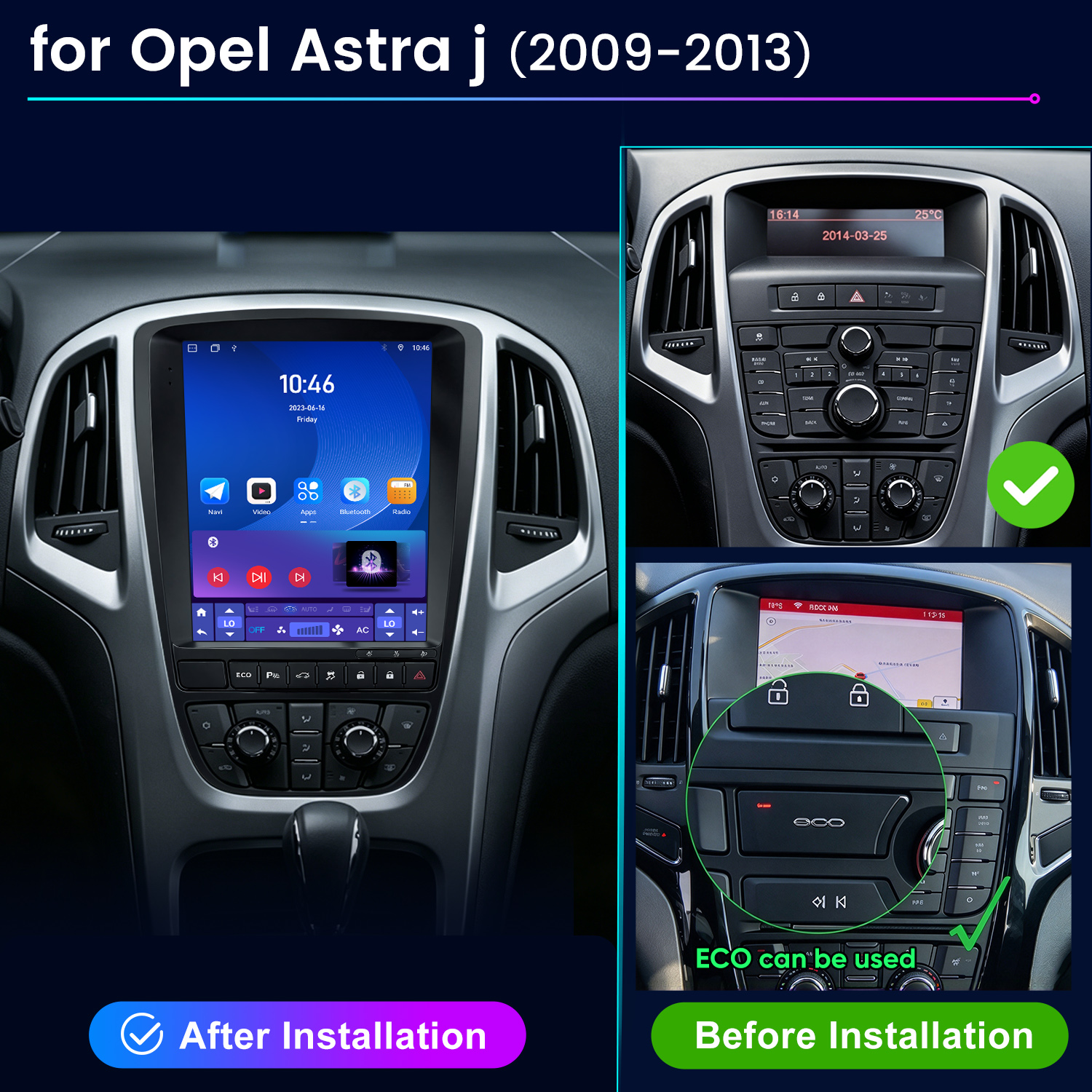 Opel Astra J középkonzol összehasonlítás nagy érintőképernyős rádió beszerelése előtt és után.