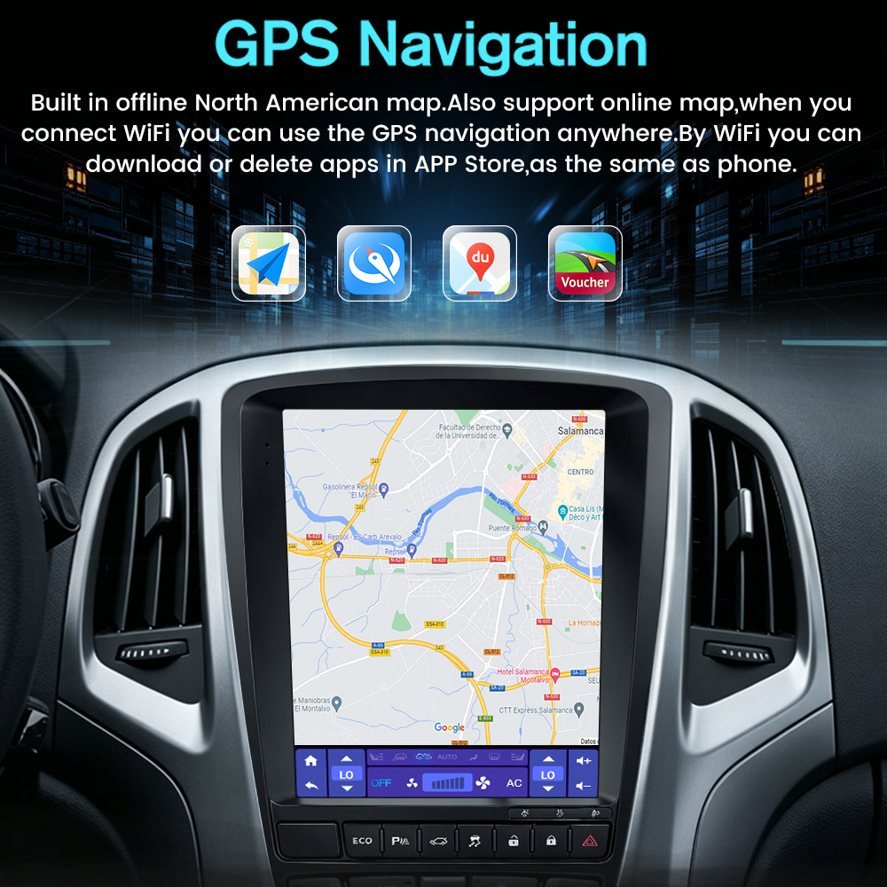 Autós GPS navigációs rendszer érintőképernyős kijelzővel és térképpel.