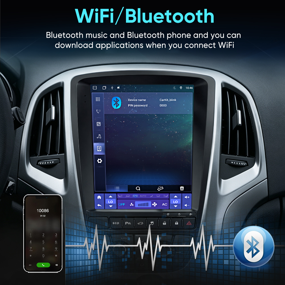 Egy autó infotainment képernyője a Bluetooth-beállításokat és egy csatlakoztatott okostelefont mutat.