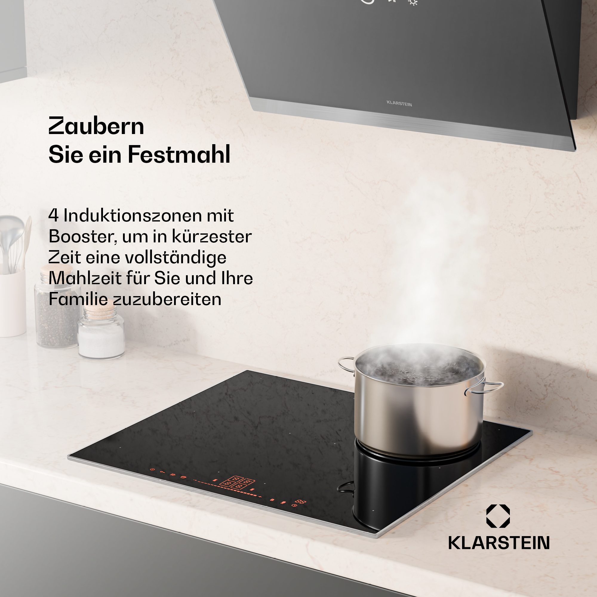 Ein Kochtopf mit kochendem Wasser steht auf einem modernen Induktionskochfeld in einer hellen Küche.