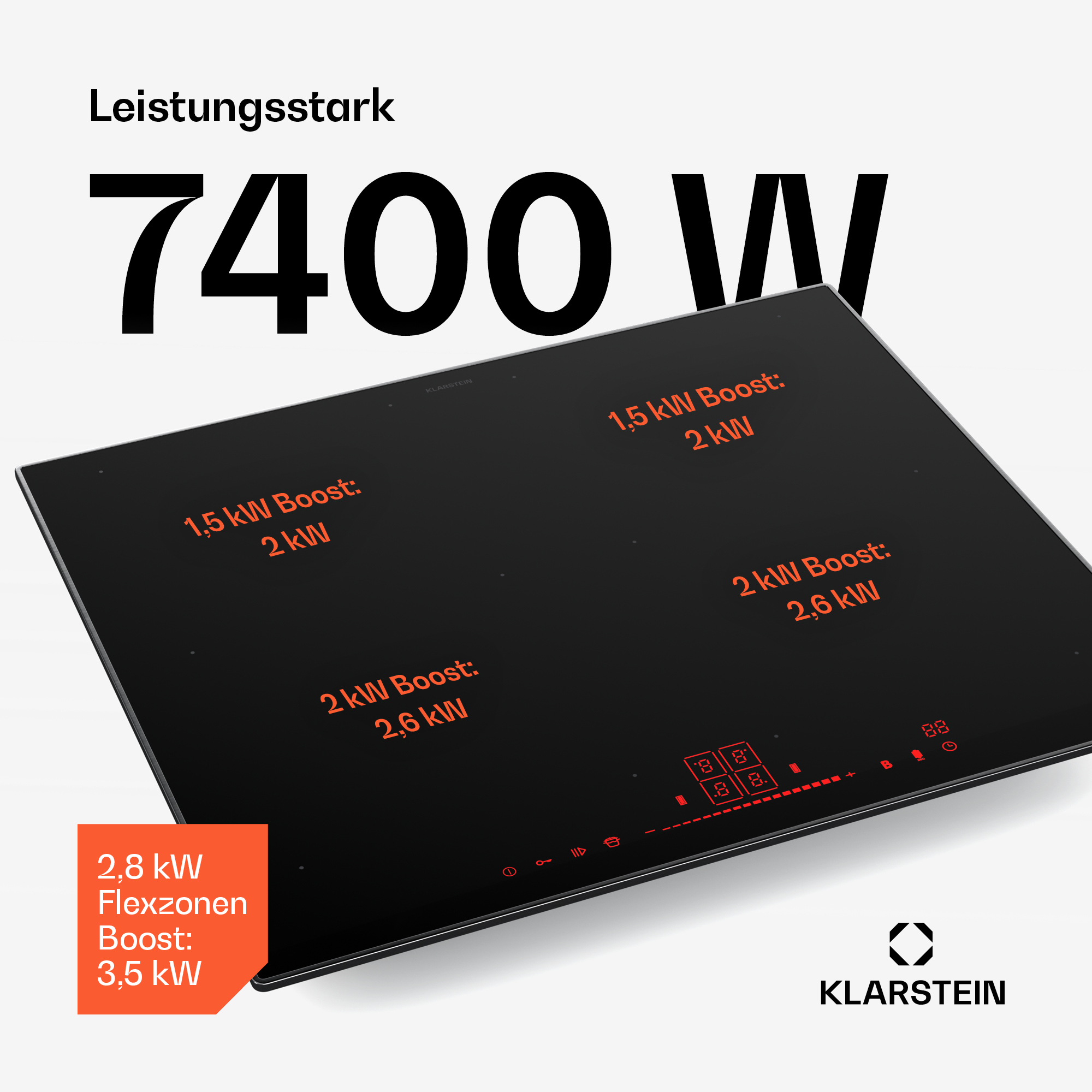 Schwarzes Klarstein Induktionskochfeld mit 7400 W Leistung und Leistungsangaben in oranger Schrift.