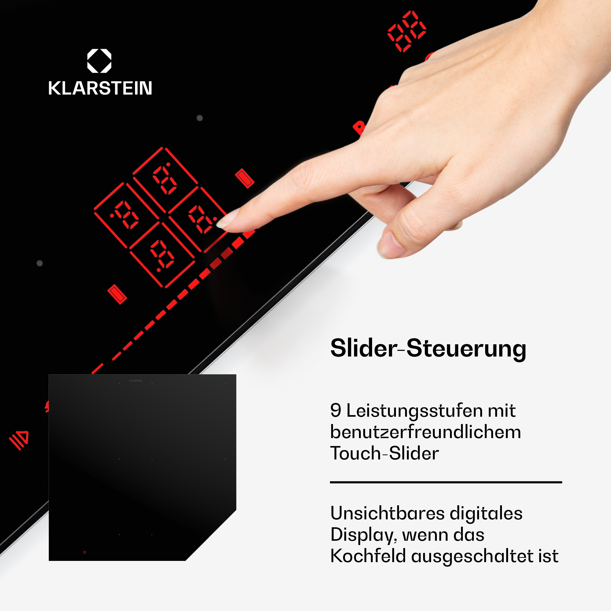 Hand bedient ein schwarzes Induktionskochfeld mit roter LED-Anzeige und Touch-Slider.