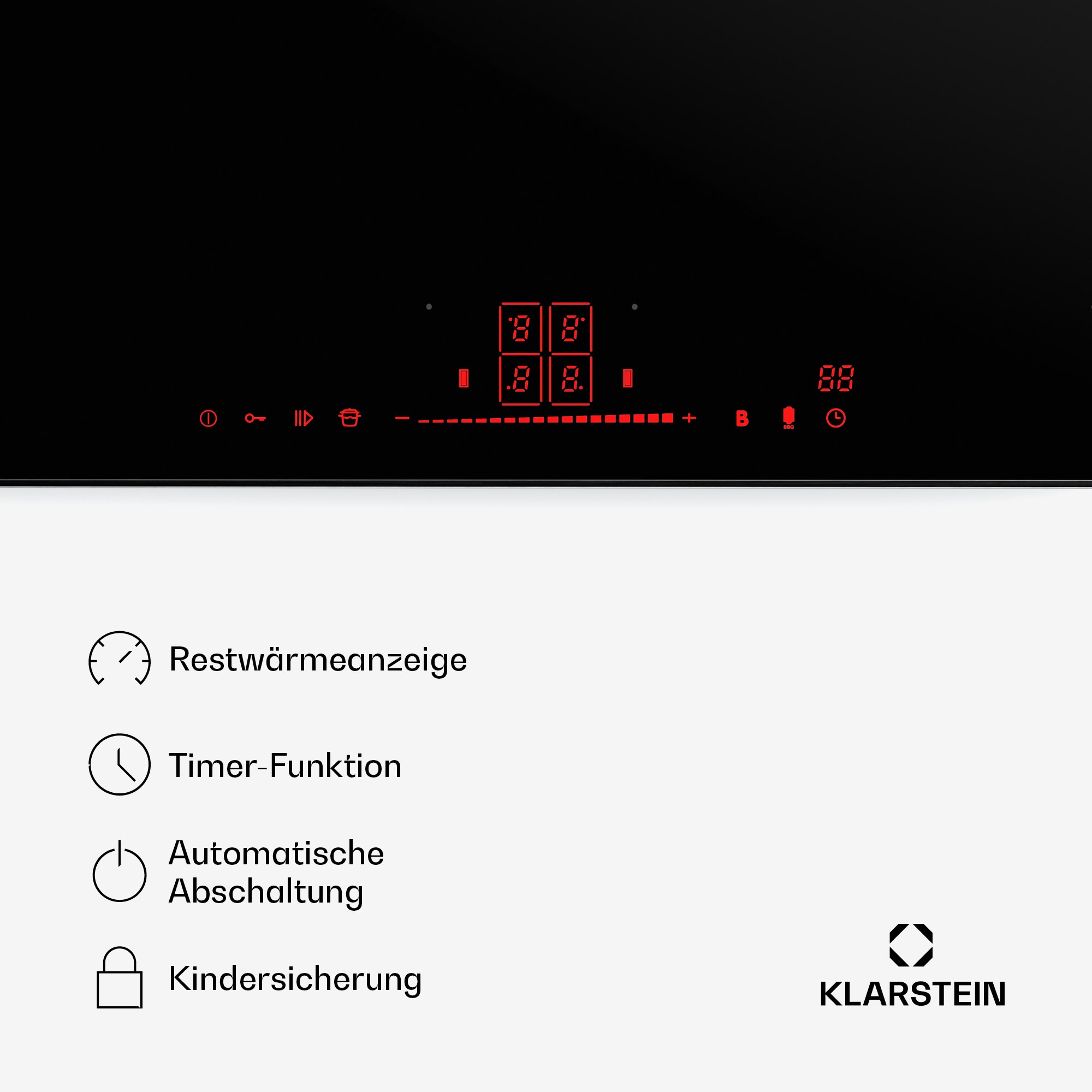 Schwarzes Klarstein-Kochfeld mit roten LED-Anzeigen und Icons für Restwärme, Timer, Abschaltung und Kindersicherung.