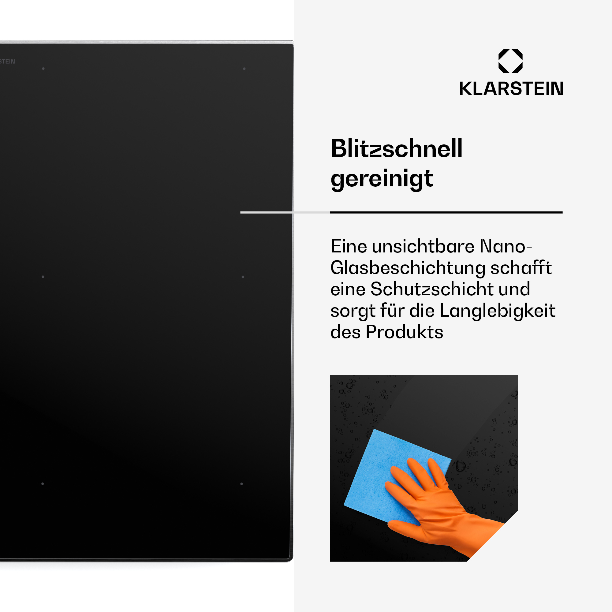 Klarstein Kochfeld mit deutscher Werbung für schnelle Reinigung und Nano-Beschichtung.