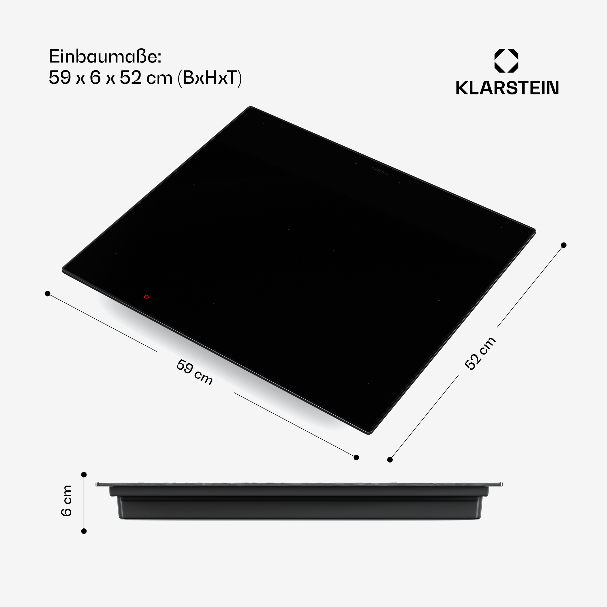 Schwarzes Klarstein-Induktionskochfeld mit Einbaumaßen von 59 x 6 x 52 cm.