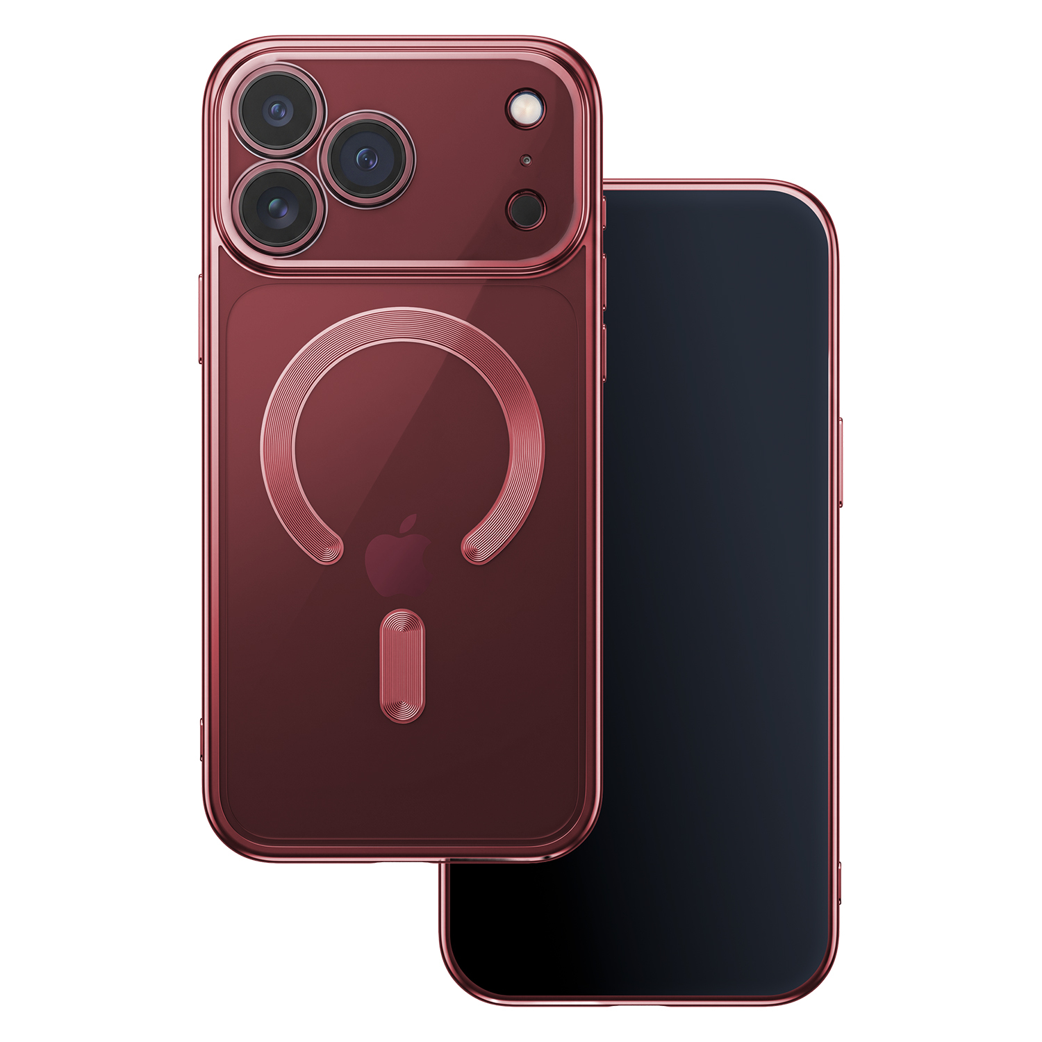 Rotes Smartphone mit Schutzhülle und MagSafe-Ring, Ansicht von Vorder- und Rückseite.