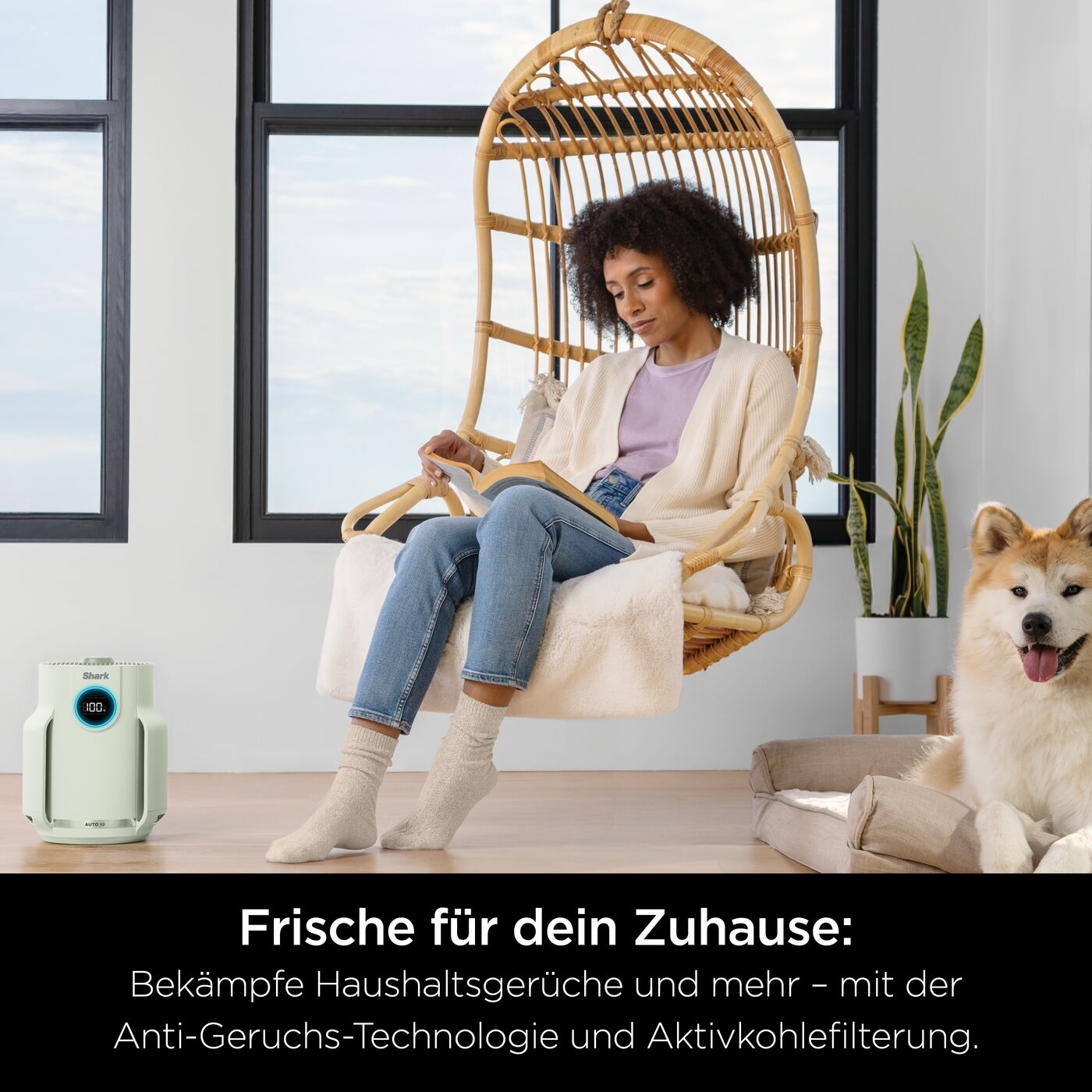 Frau liest in Hängesessel, ein Hund sitzt neben ihr und ein Luftreiniger steht am Boden.